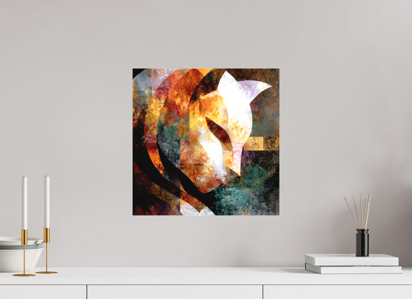 15 x 15″, Textile on Canvas Abstract Cat