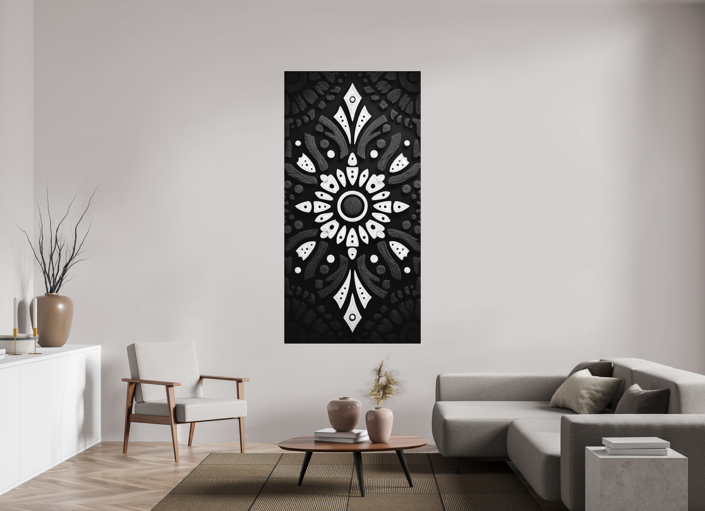 39 x 78″, Photo Print on Aluminum Backing Black & White Tribal 1