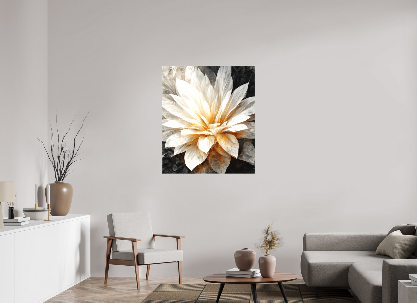 36 x 41.7″, Textile on Canvas White & Gold Flower 2
