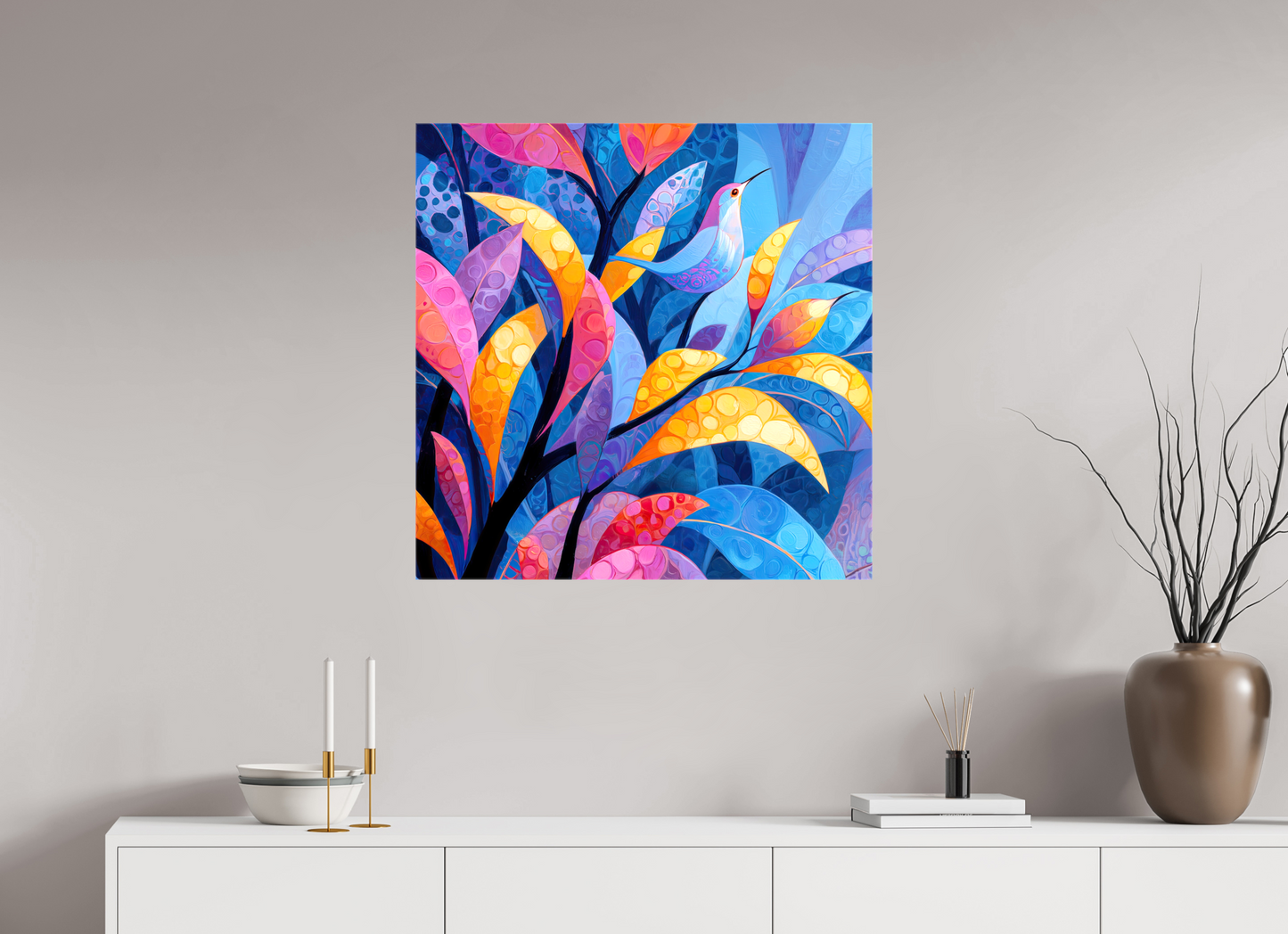 30 x 30″, Glossy Canvas Tropical Bird