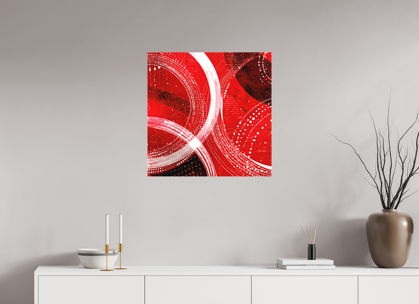 25 x 25″, Textile on Canvas Red & White