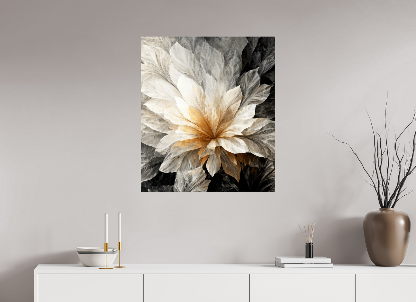 28 x 32.3″, Fine Art Print On Aluminum Dibond White & Gold Flower 1