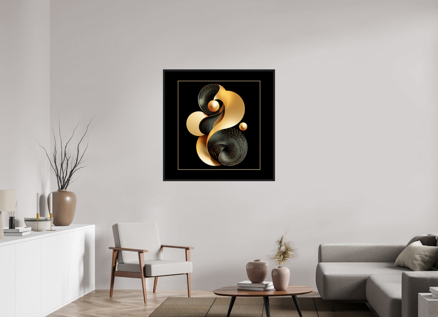 40 x 40″, Fine Art Print on Aluminum Dibond with Boarder Abstract Black & Gold