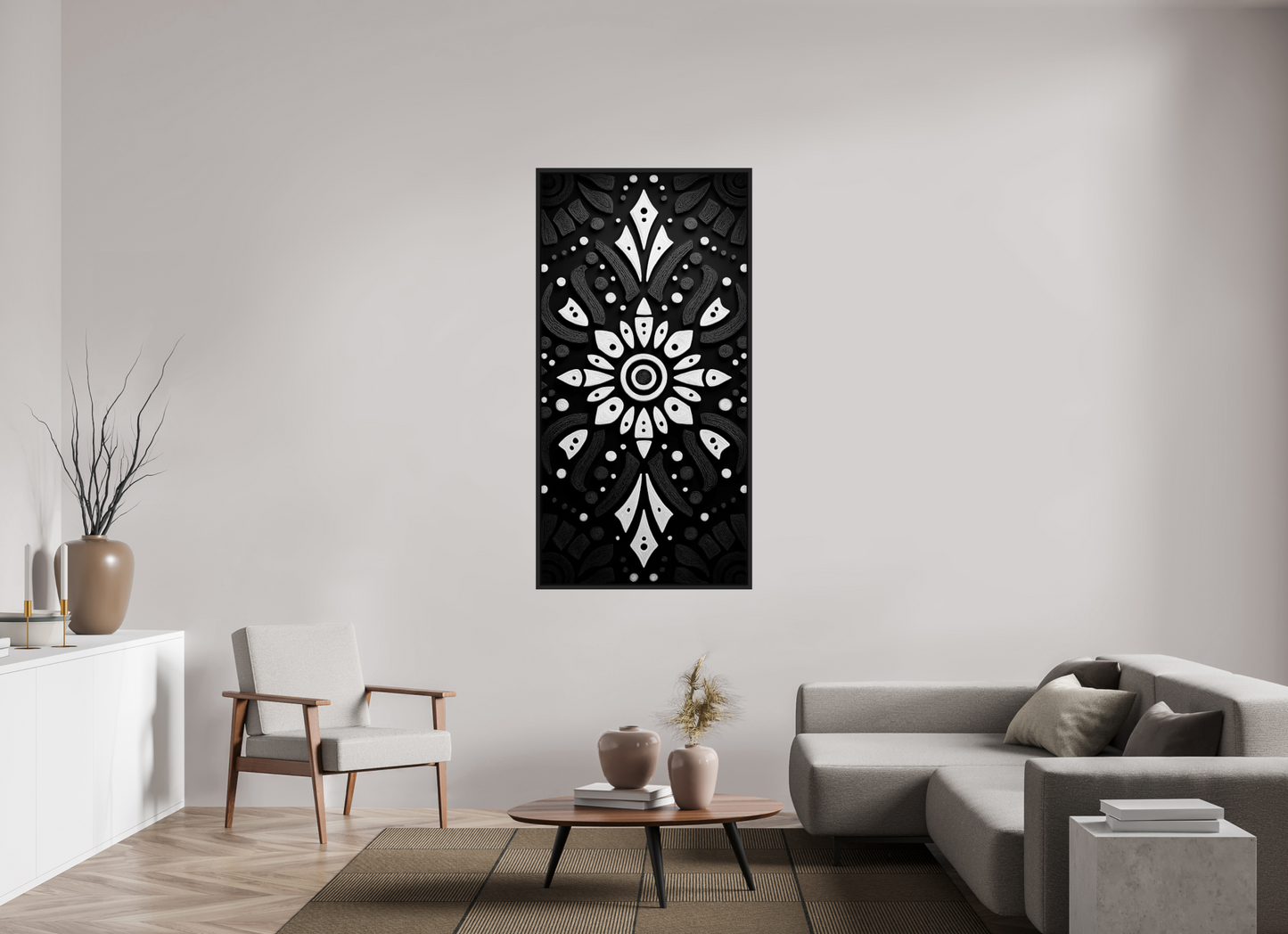 32 x 64″, Fine Art Print on Aluminum Dibond with Boarder Black & White Tribal 3
