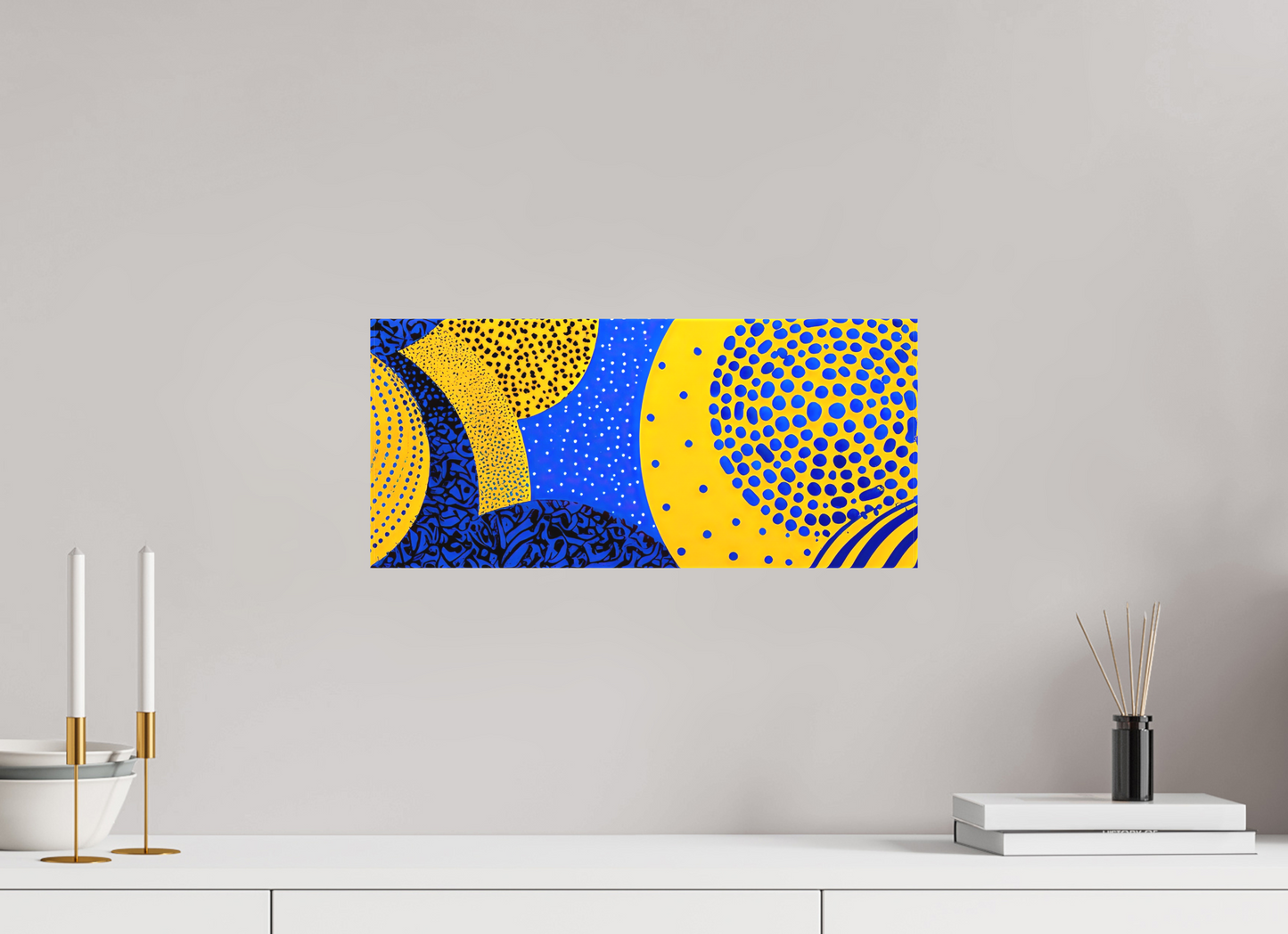 18 x 8″, Textile on Canvas Yellow & Blue 2