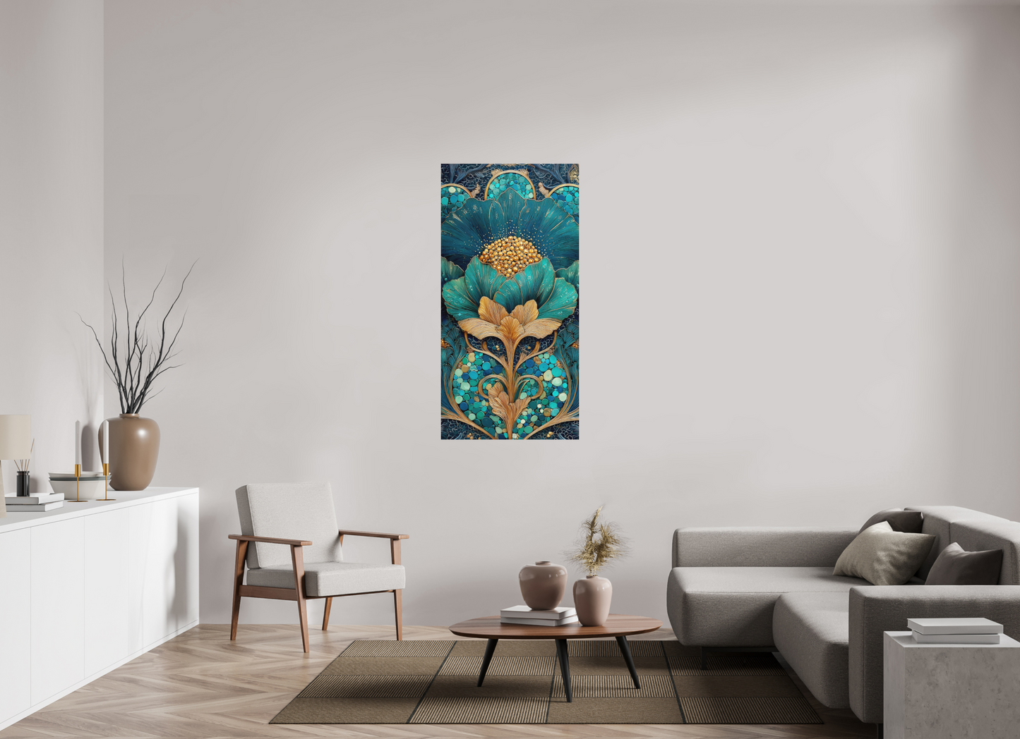 28 x 56″, Photo Print on Aluminum Backing Art Deco Teal Flower 2