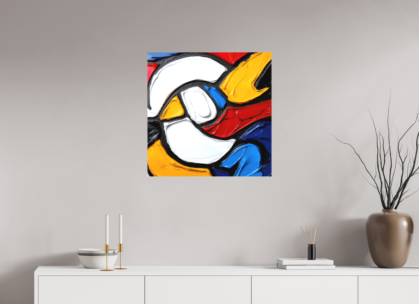 25 x 25″, Textile on Canvas Abstract Paint Bird