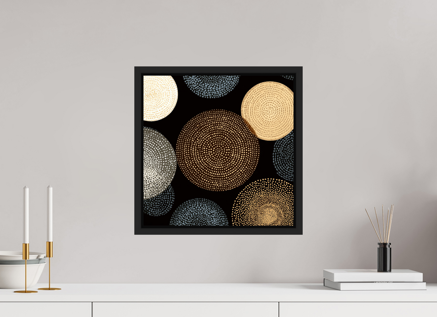 15 x 15″, Fine Art Print on Aluminum Dibond with Boarder Dot Circles