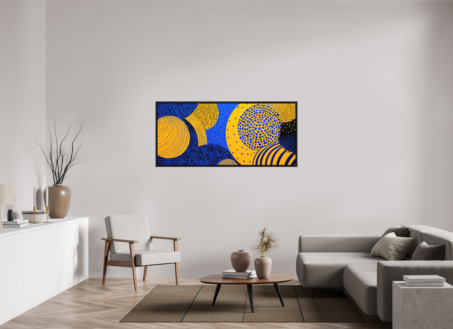 62.8 x 28″, Photo Print on Aluminum Backing with boarder Yellow & Blue 2