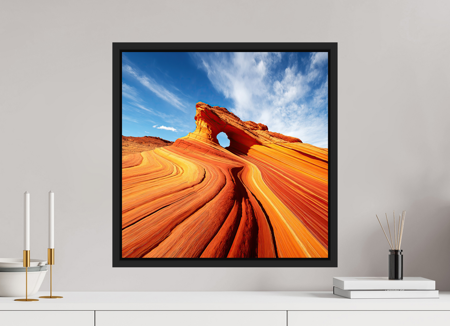 20 x 20″, Fine Art Print on Aluminum Dibond with Boarder Desert Rock Formation