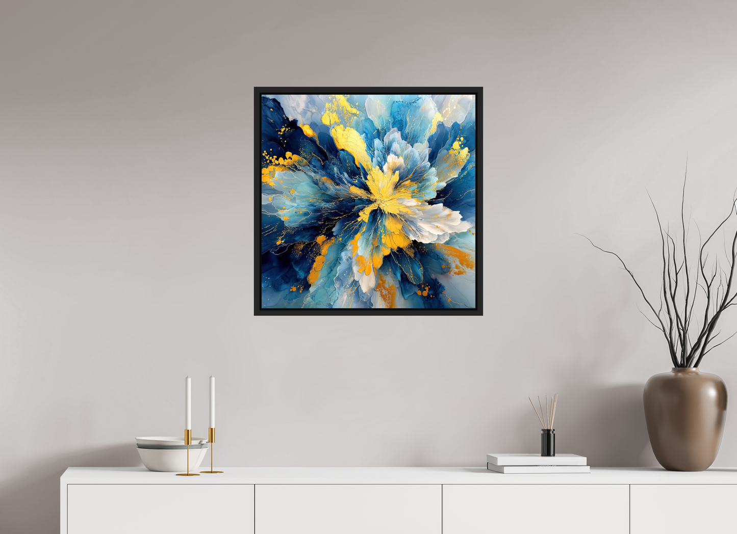 25 x 25″, Fine Art Print on Aluminum Dibond with Boarder Abstract Blue & Gold Flower