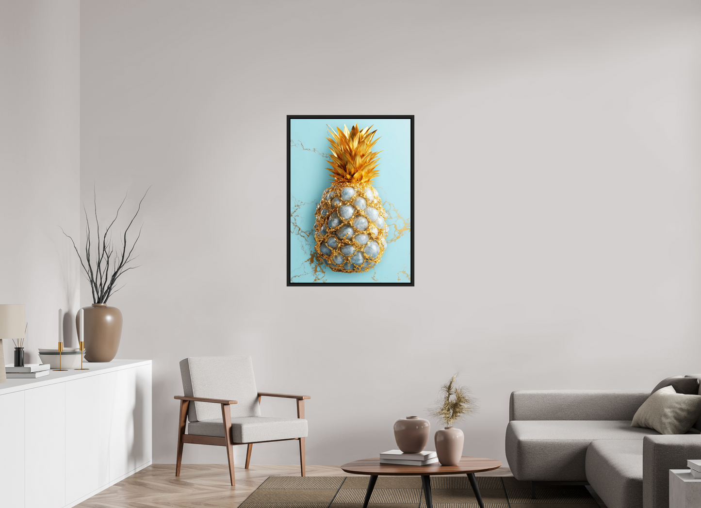 28 x 38.2″, Fine Art Print on Aluminum Dibond with Boarder Gold Pineapple