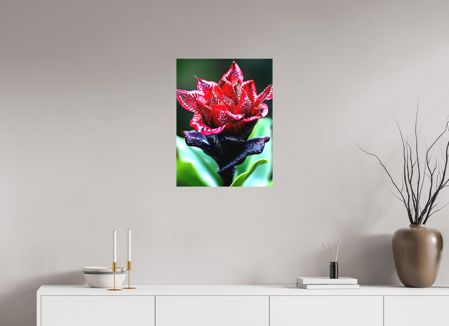 18 x 24″, Textile on Canvas Red Zebra Flower