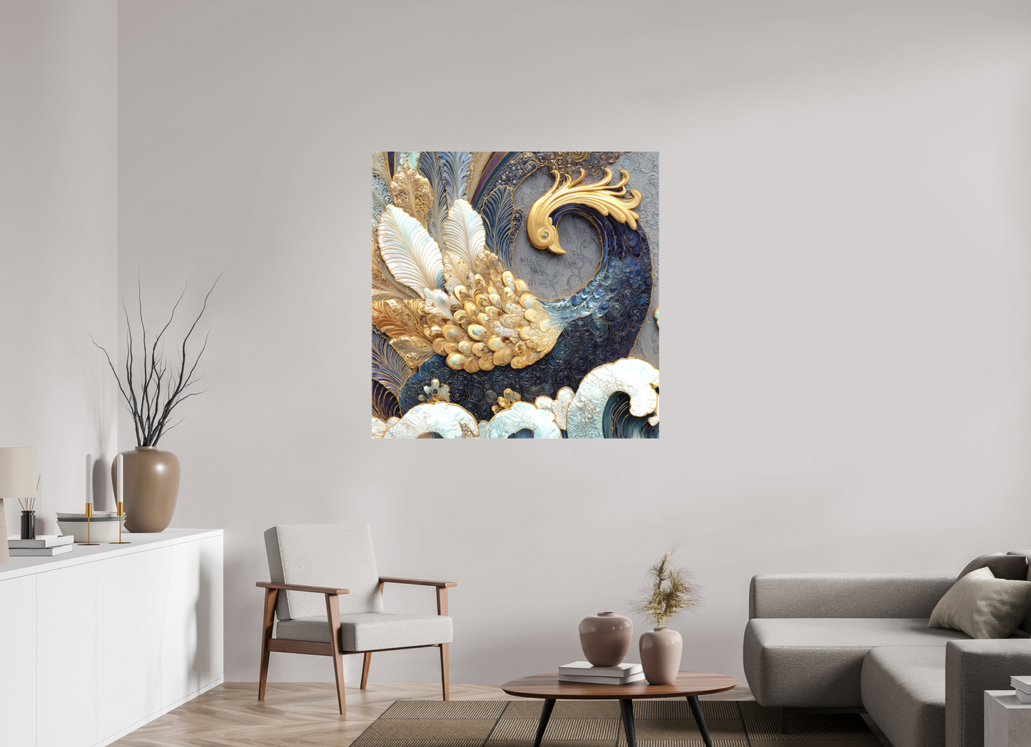 45 x 45″, Textile on Canvas Swan 2