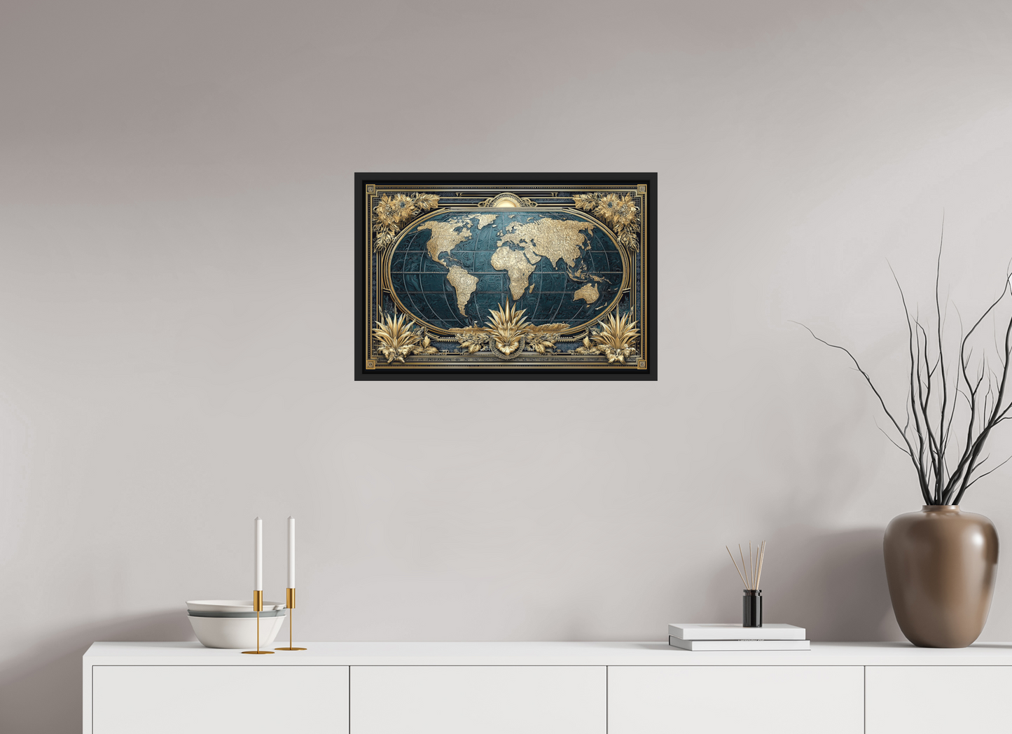 24 x 16″, Photo Print on Aluminum Backing with boarder Art Deco World Map