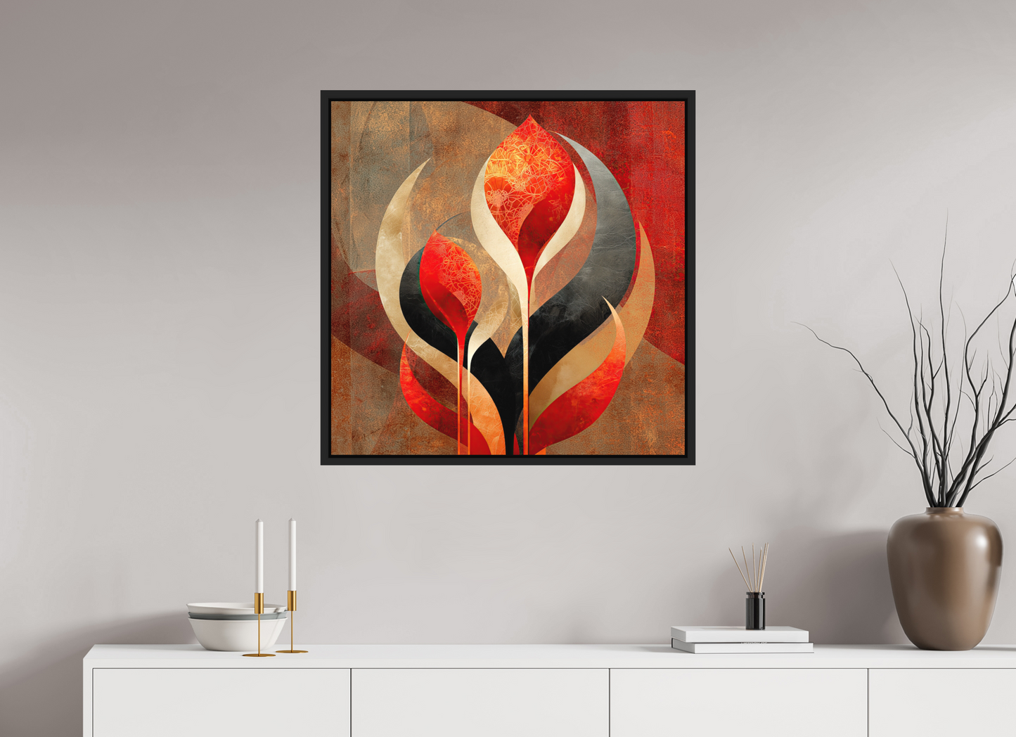 30 x 30″, Photo Print on Aluminum Backing with boarder Abstract Flowers 1