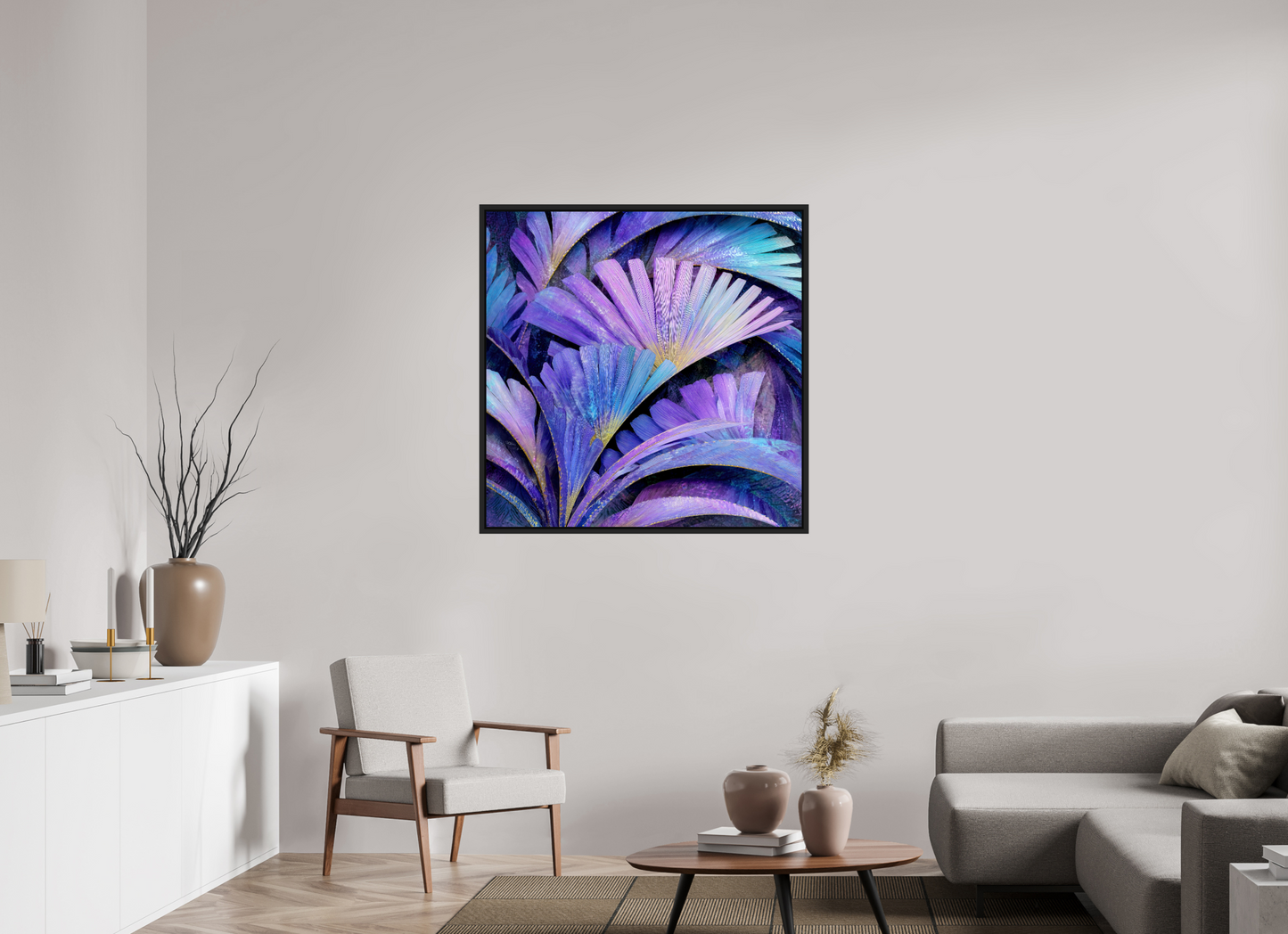 40 x 40″, Fine Art Print on Aluminum Dibond with Boarder Art Deco Purple Flowers