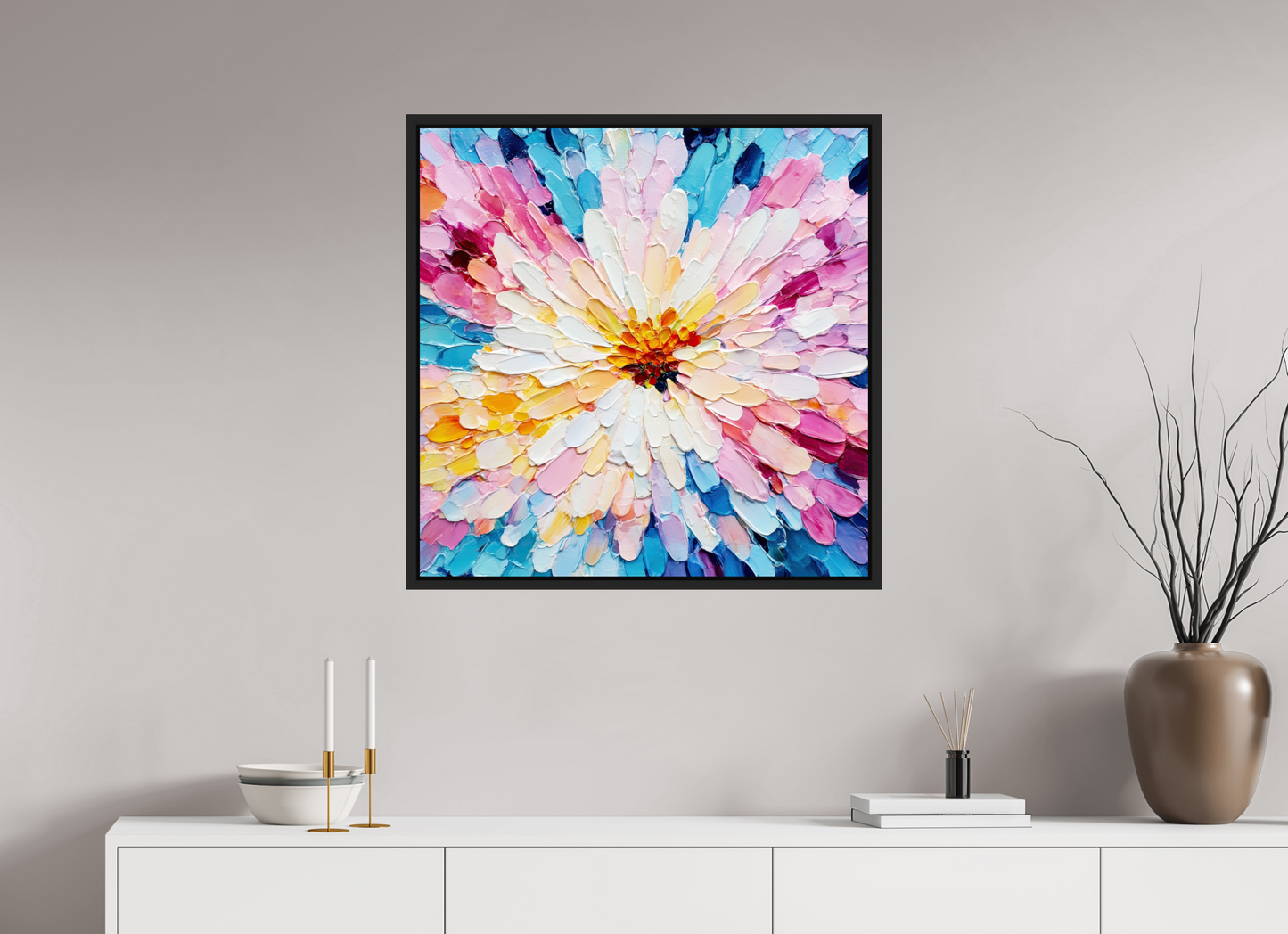 30 x 30″, Fine Art Print on Aluminum Dibond with Boarder Abstract Paint Flower