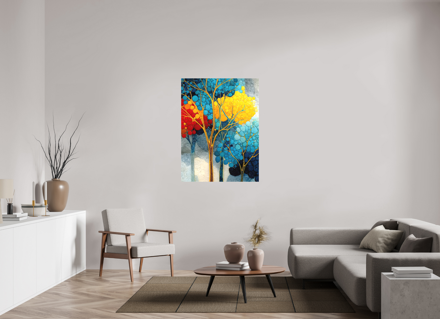 36 x 48″, Textile on Canvas City Trees