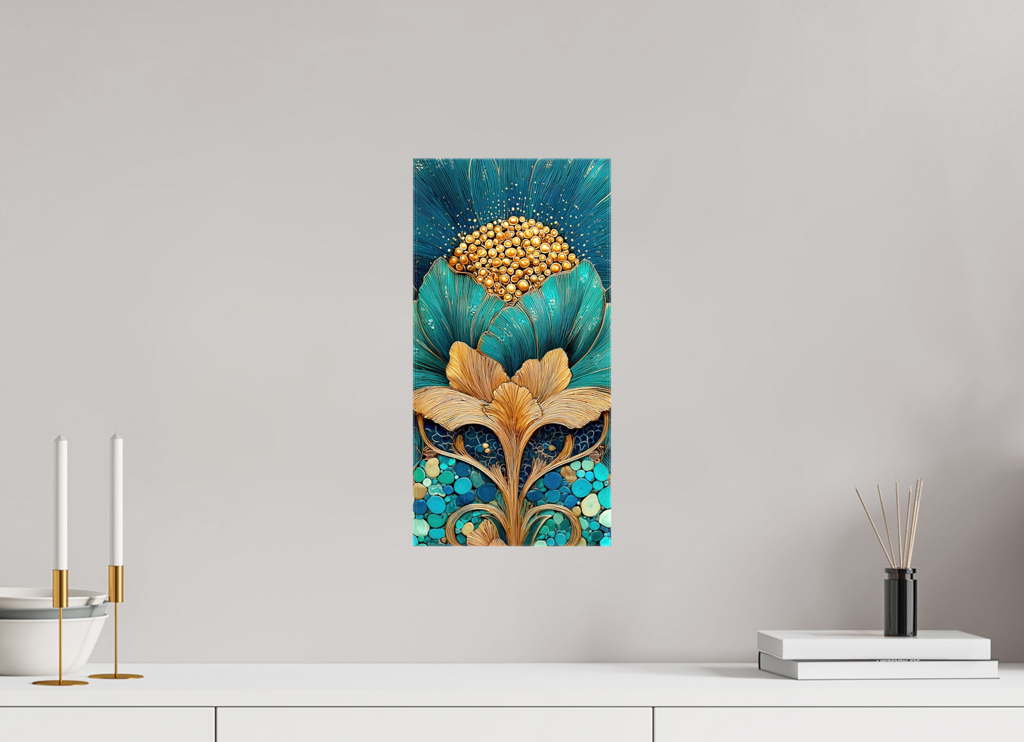 8 x 16″, Glossy Canvas Art Deco Teal Flower 2