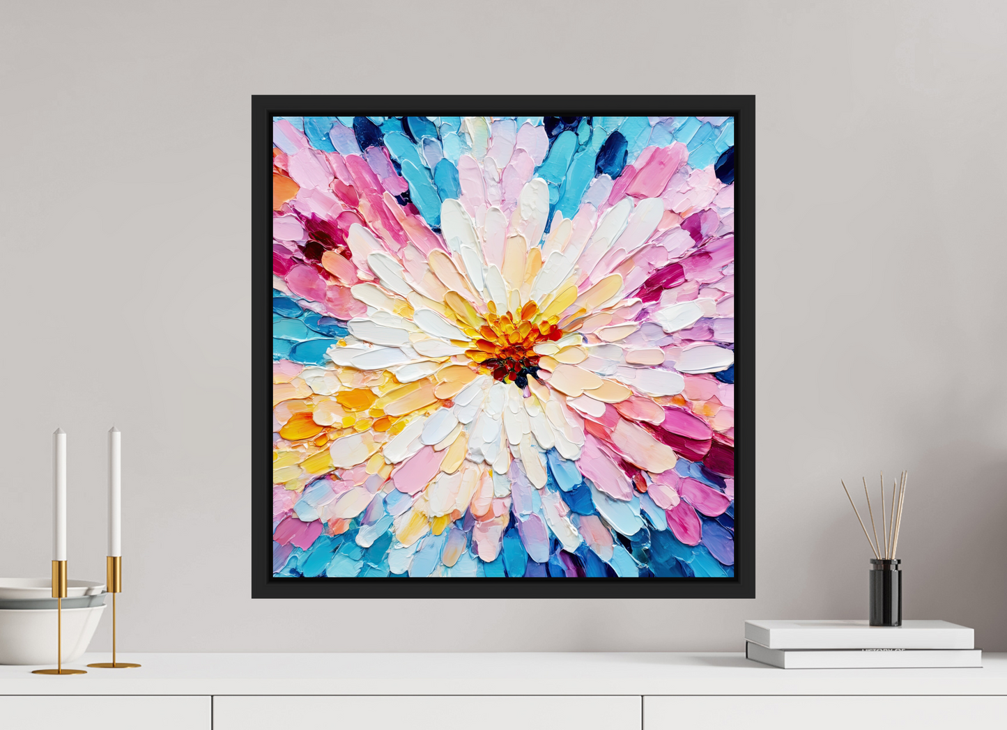20 x 20″, Fine Art Print on Aluminum Dibond with Boarder Abstract Paint Flower