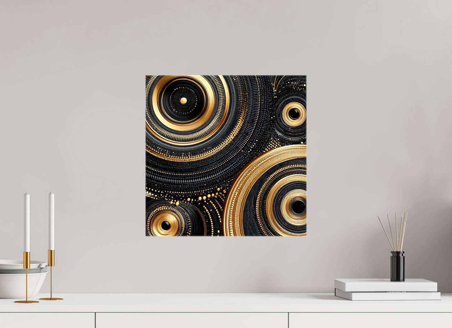 15 x 15″, Glossy Canvas Gold & Black Circles