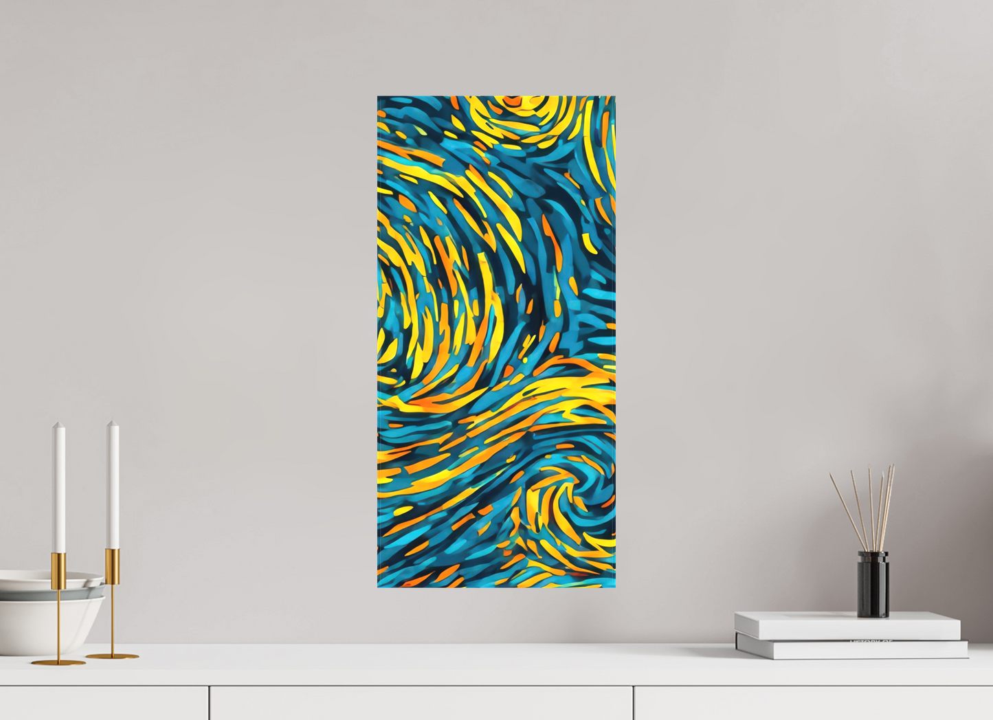 10 x 21″, Textile on Canvas Abstract Blue & Yellow Swirls