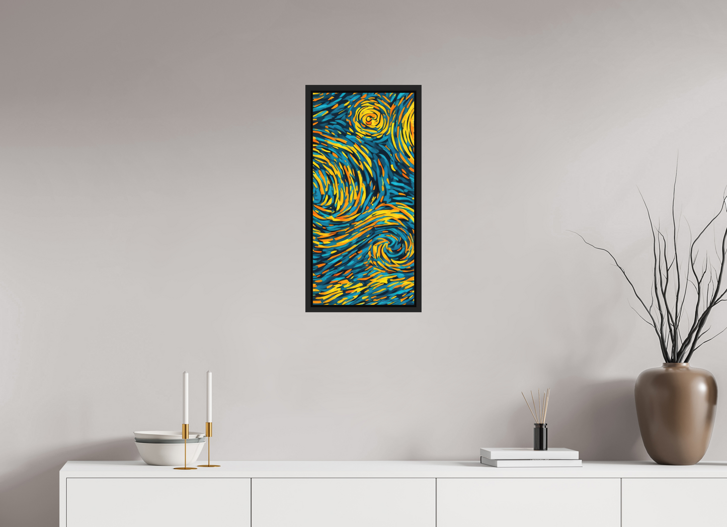 12 x 25.2″, Photo Print on Aluminum Backing with boarder Abstract Blue & Yellow Swirls
