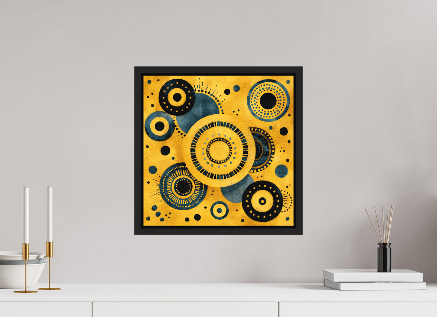 15 x 15″, Photo Print on Aluminum Backing with boarder Yellow & Blue