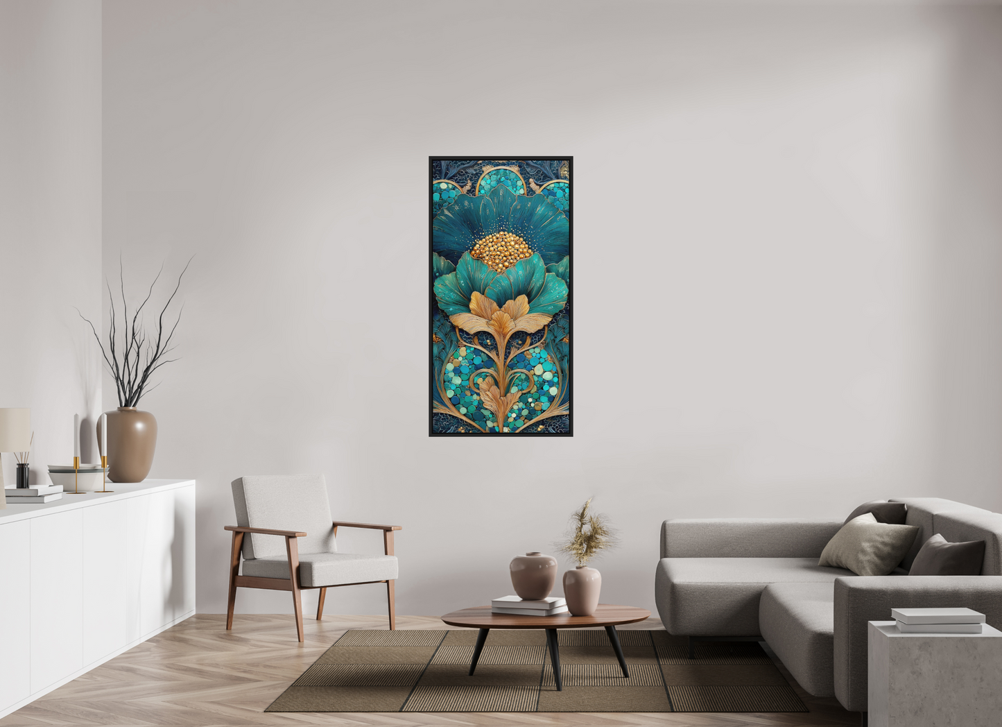 28 x 56″, Photo Print on Aluminum Backing with boarder Art Deco Teal Flower 2