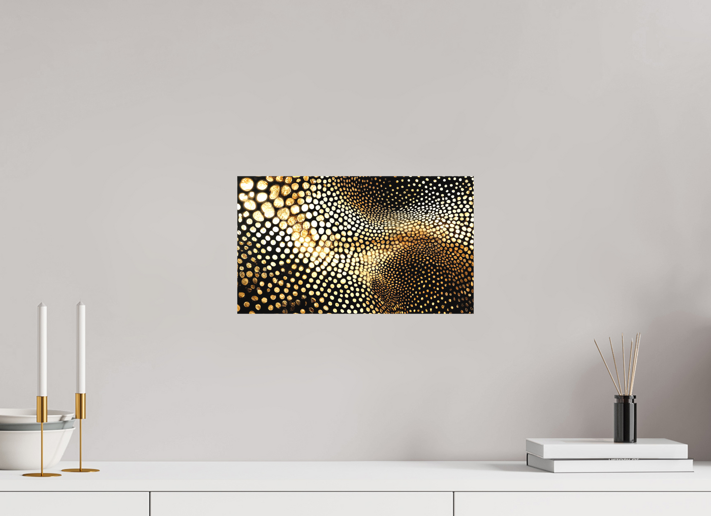 14 x 8″, Textile on Canvas Gold Dot Wave