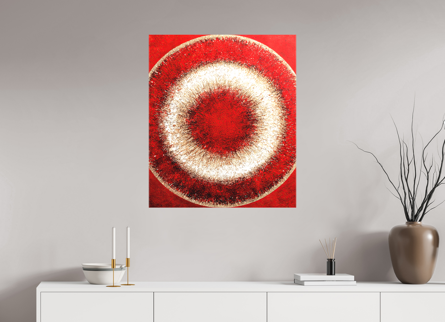 28 x 33″, Textile on Canvas Abstract Red Eye