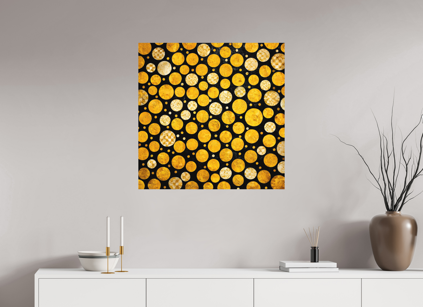 30 x 30″, Photo Print on Aluminum Backing Gold Dots