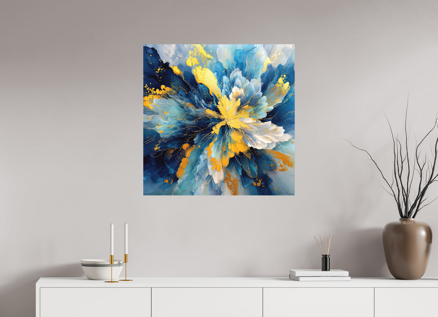 30 x 30″, Photo Print on Aluminum Backing Abstract Blue & Gold Flower