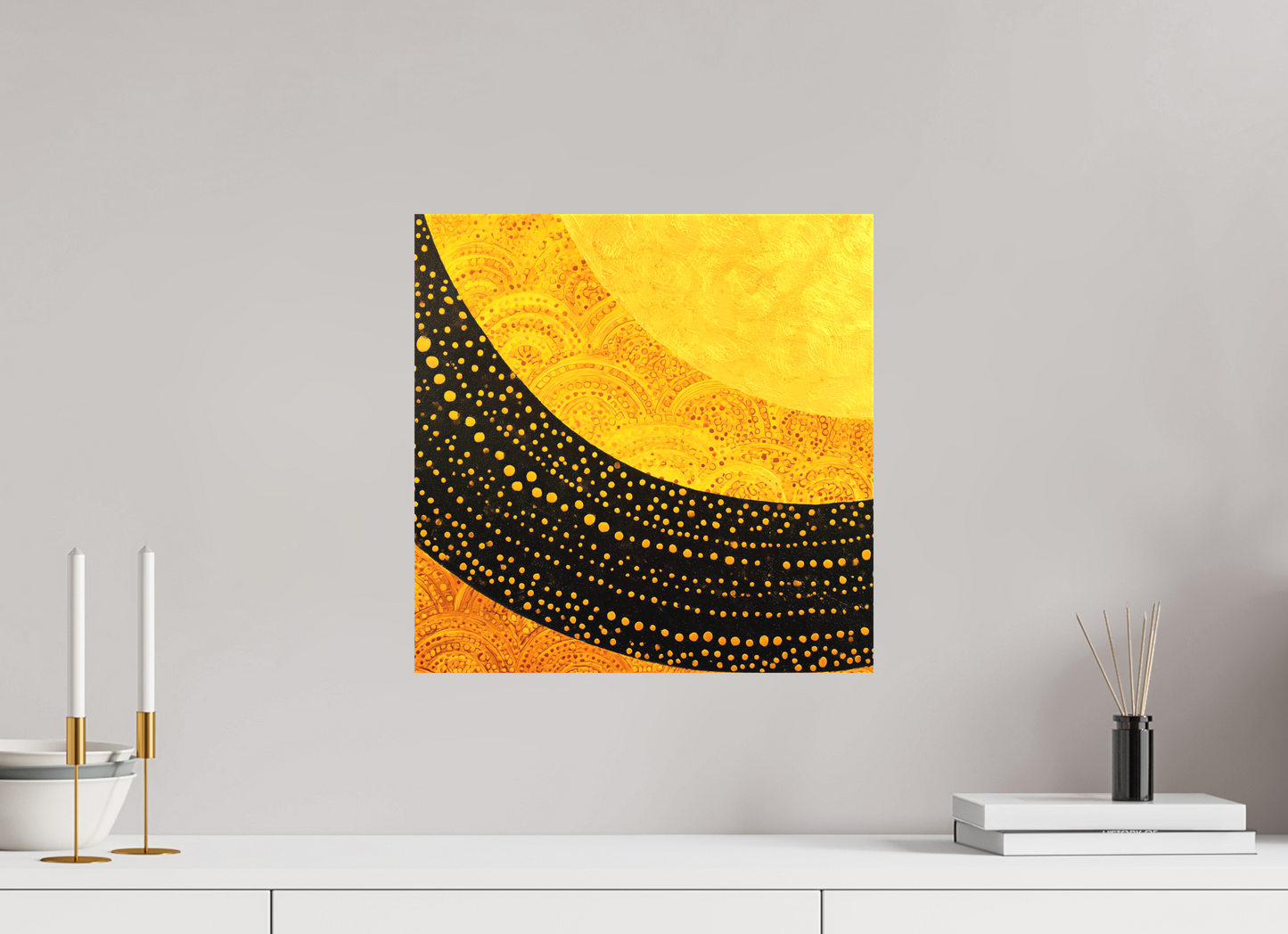 15 x 15″, Textile on Canvas Art Deco Sun