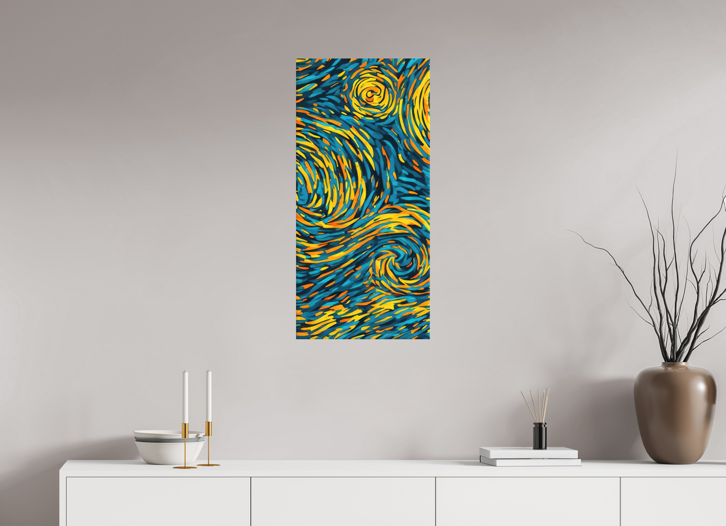16 x 33.6″, Photo Print on Aluminum Backing Abstract Blue & Yellow Swirls