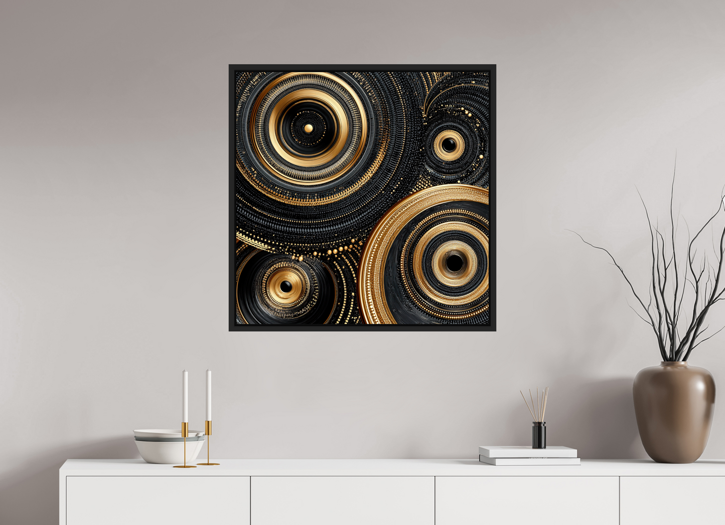 30 x 30″, Fine Art Print on Aluminum Dibond with Boarder Gold & Black Circles