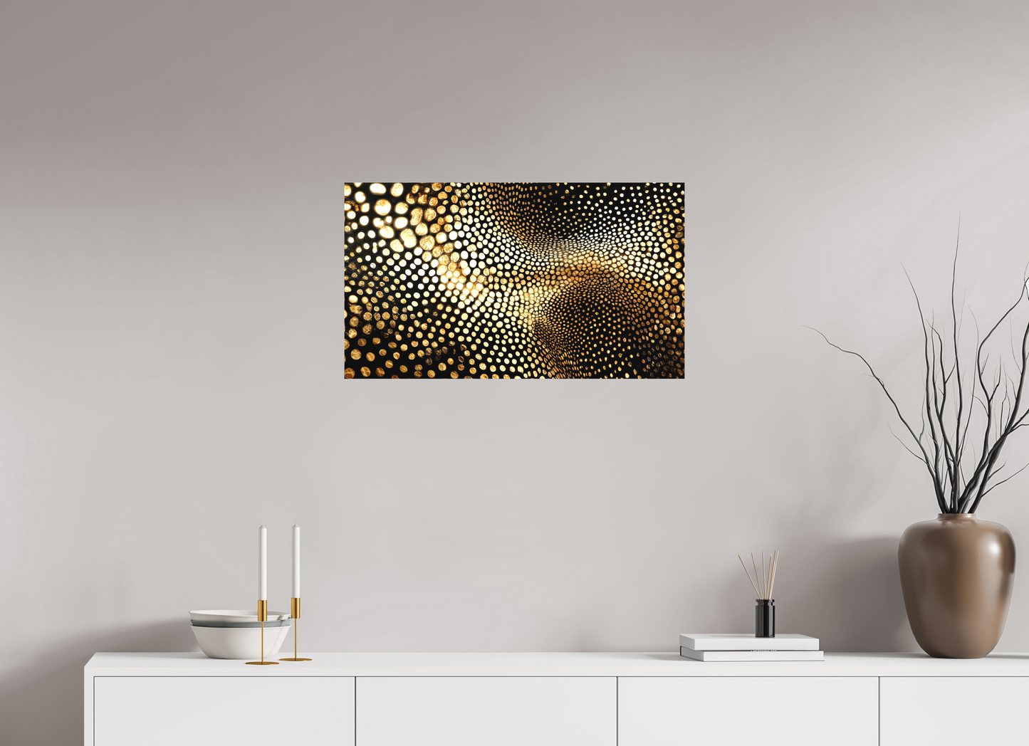 28 x 16″, Textile on Canvas Gold Dot Wave