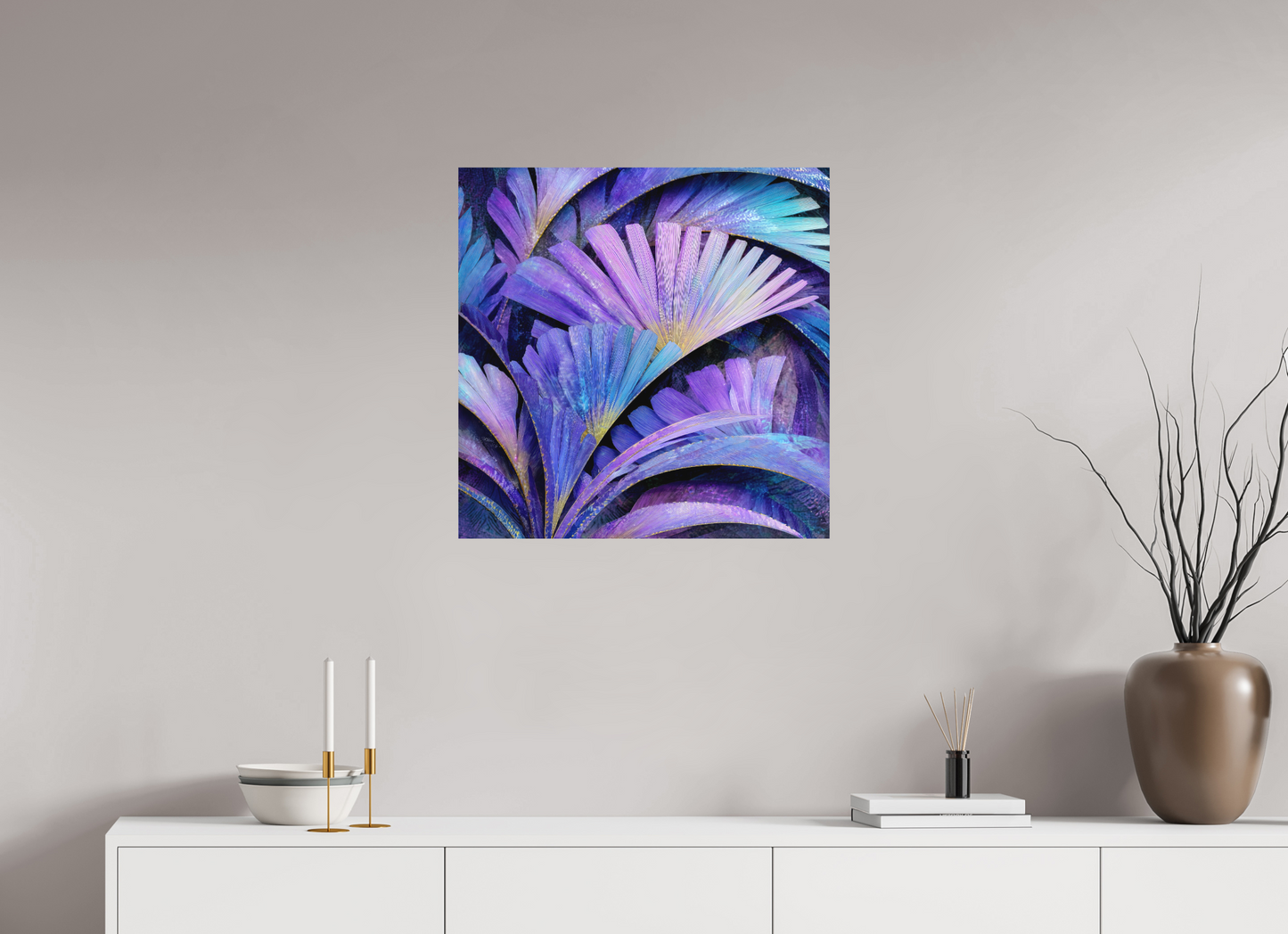 25 x 25″, Photo Print on Aluminum Backing Art Deco Purple Flowers