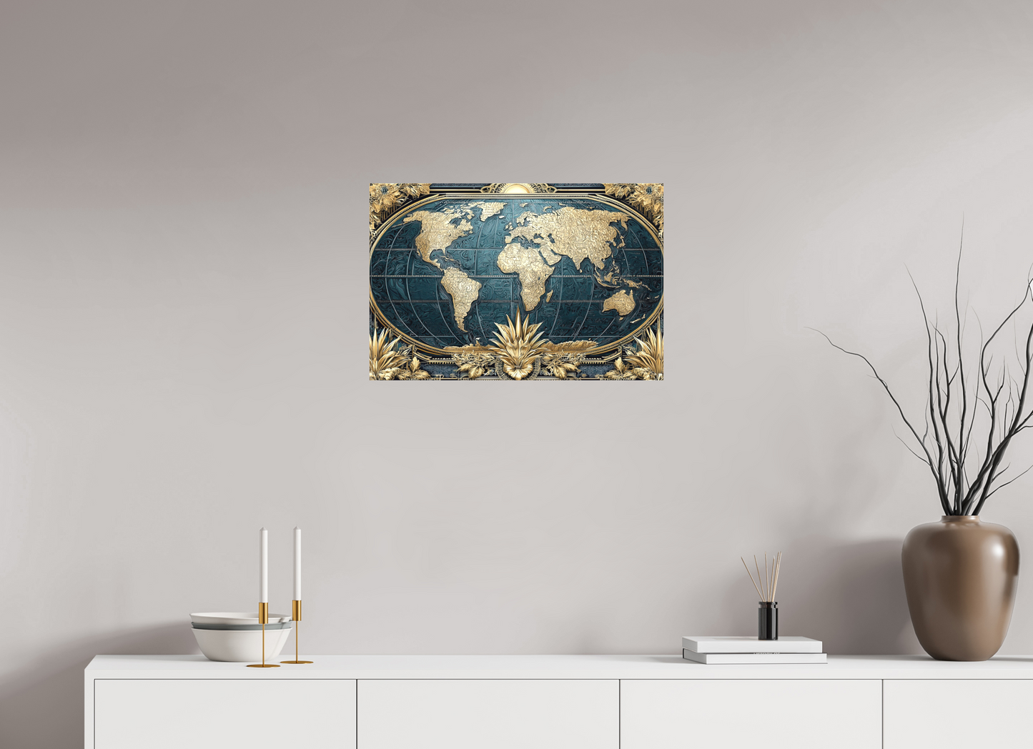 24 x 16″, Textile on Canvas Art Deco World Map
