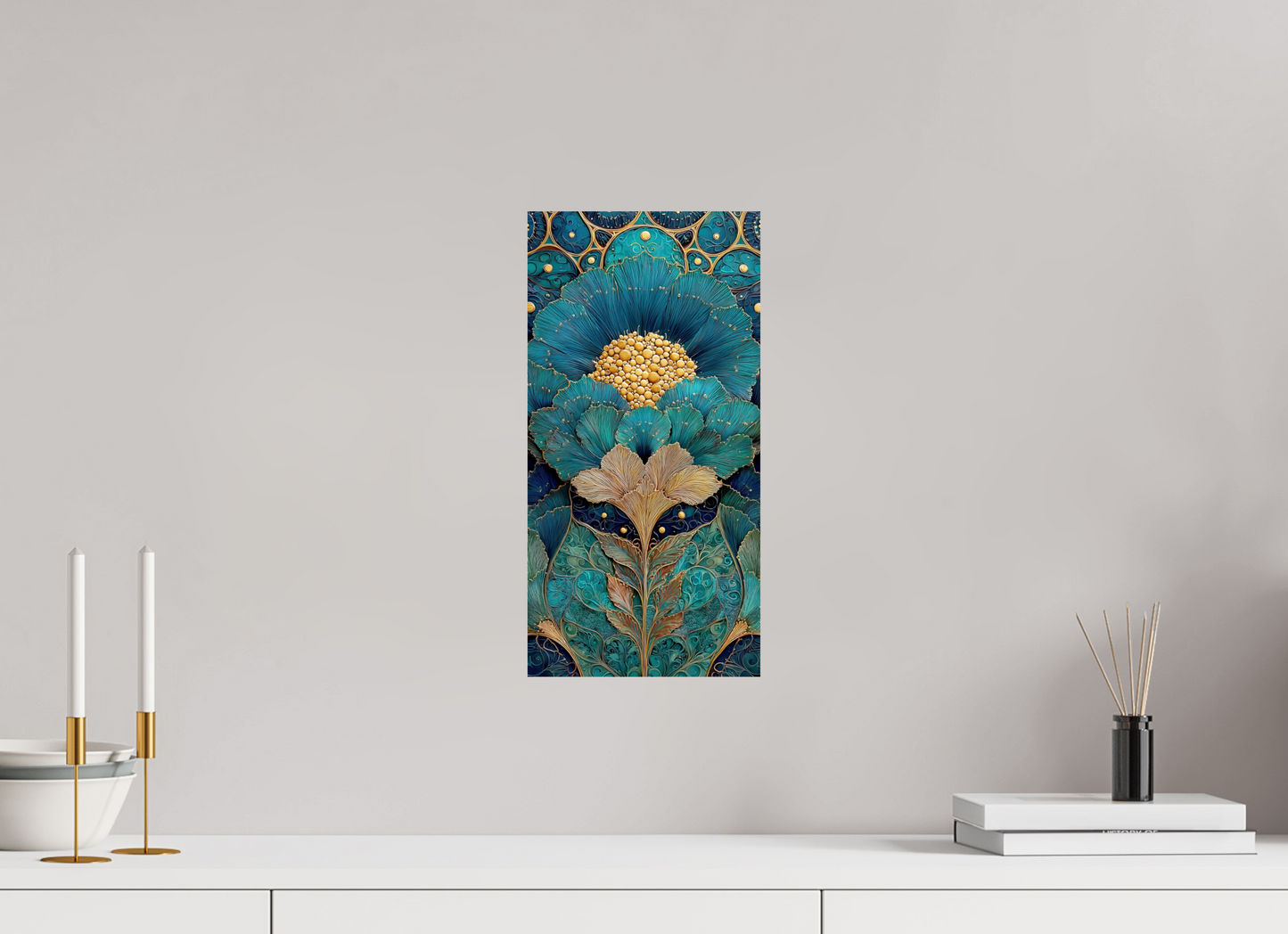 8 x 16″, Fine Art Print On Aluminum Dibond Art Deco Teal Flower 1
