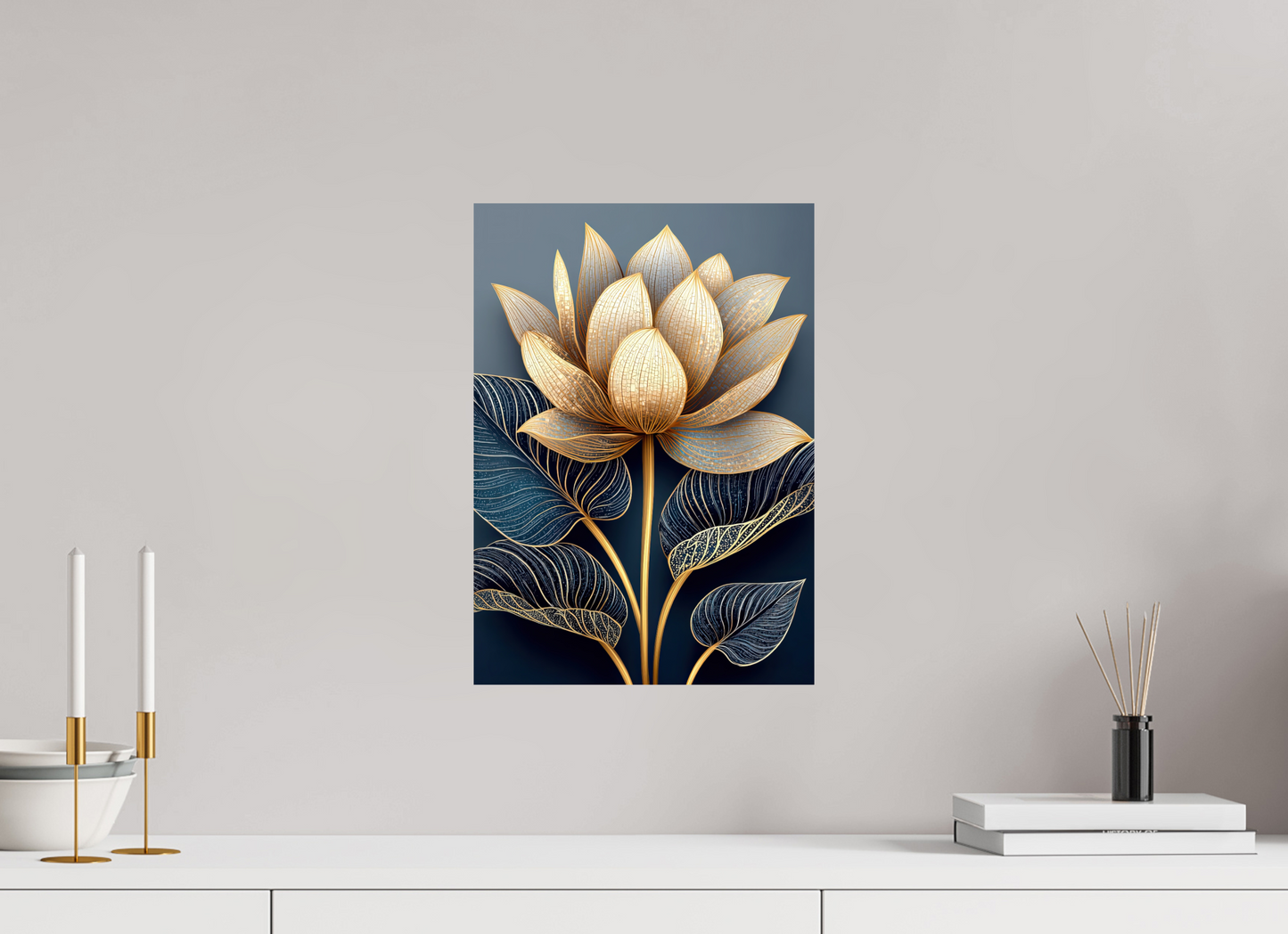 ISO A3 (29,7 x 42 cm), Fine Art Print On Aluminum Dibond Art Deco Lotus Flower