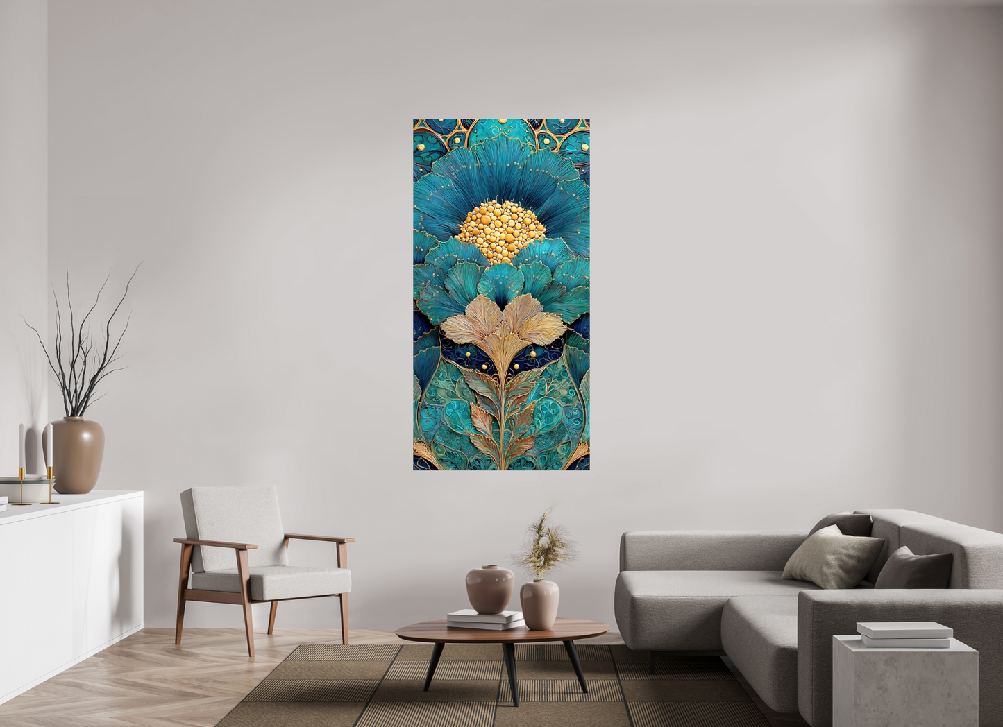 35 x 70″, Glossy Canvas Art Deco Teal Flower 1