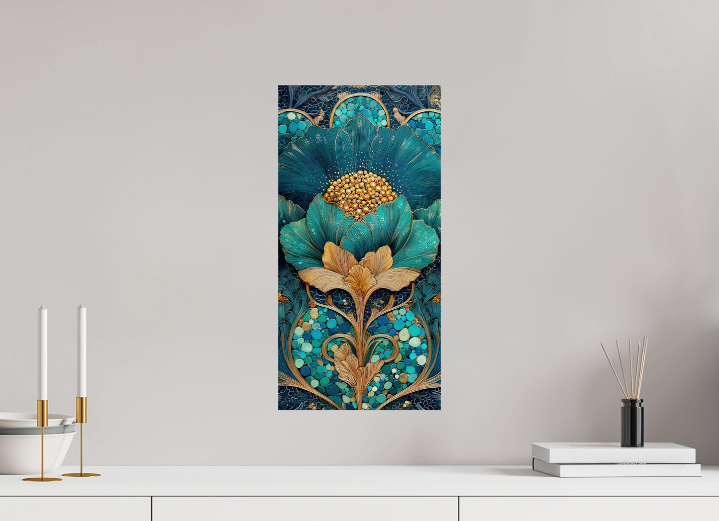 10 x 20″, Fine Art Print On Aluminum Dibond Art Deco Teal Flower 2