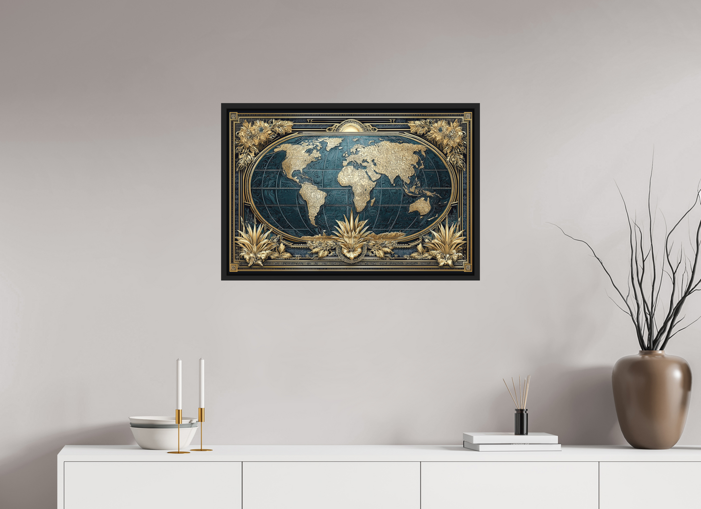30 x 20″, Photo Print on Aluminum Backing with boarder Art Deco World Map