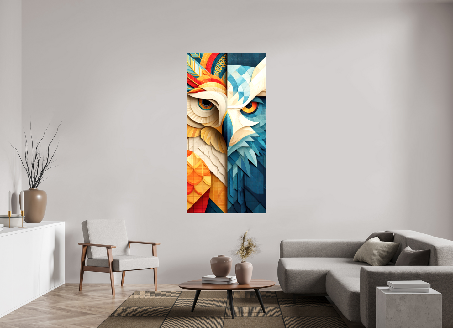 35 x 70.9″, Glossy Canvas Abstract Warm & Cold Owl