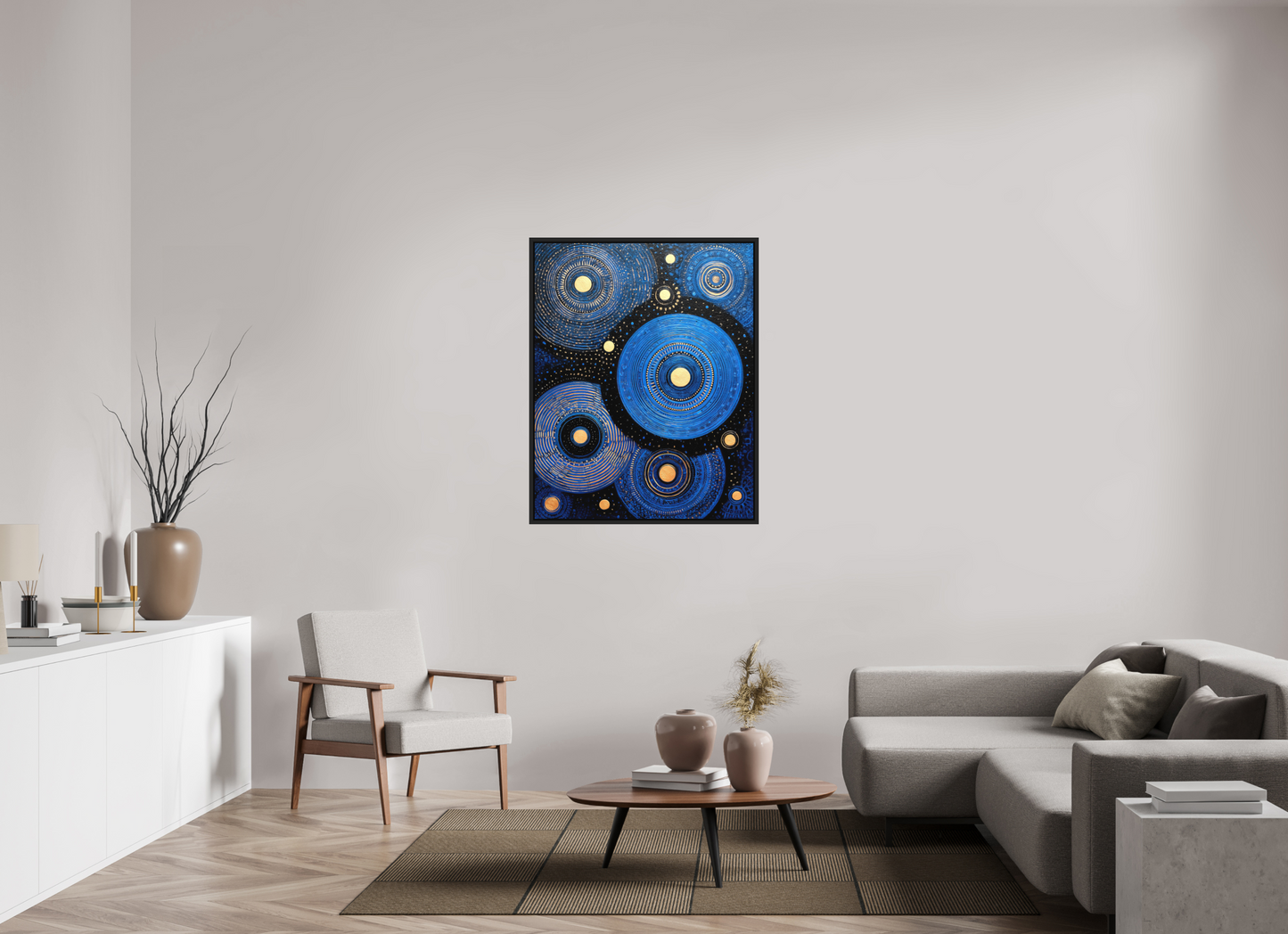 35 x 44.1″, Photo Print on Aluminum Backing with boarder Blue Circles