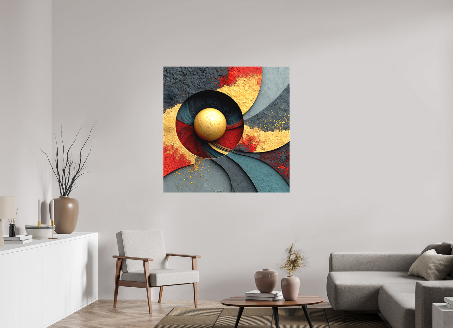 45 x 45″, Textile on Canvas Gold Ball