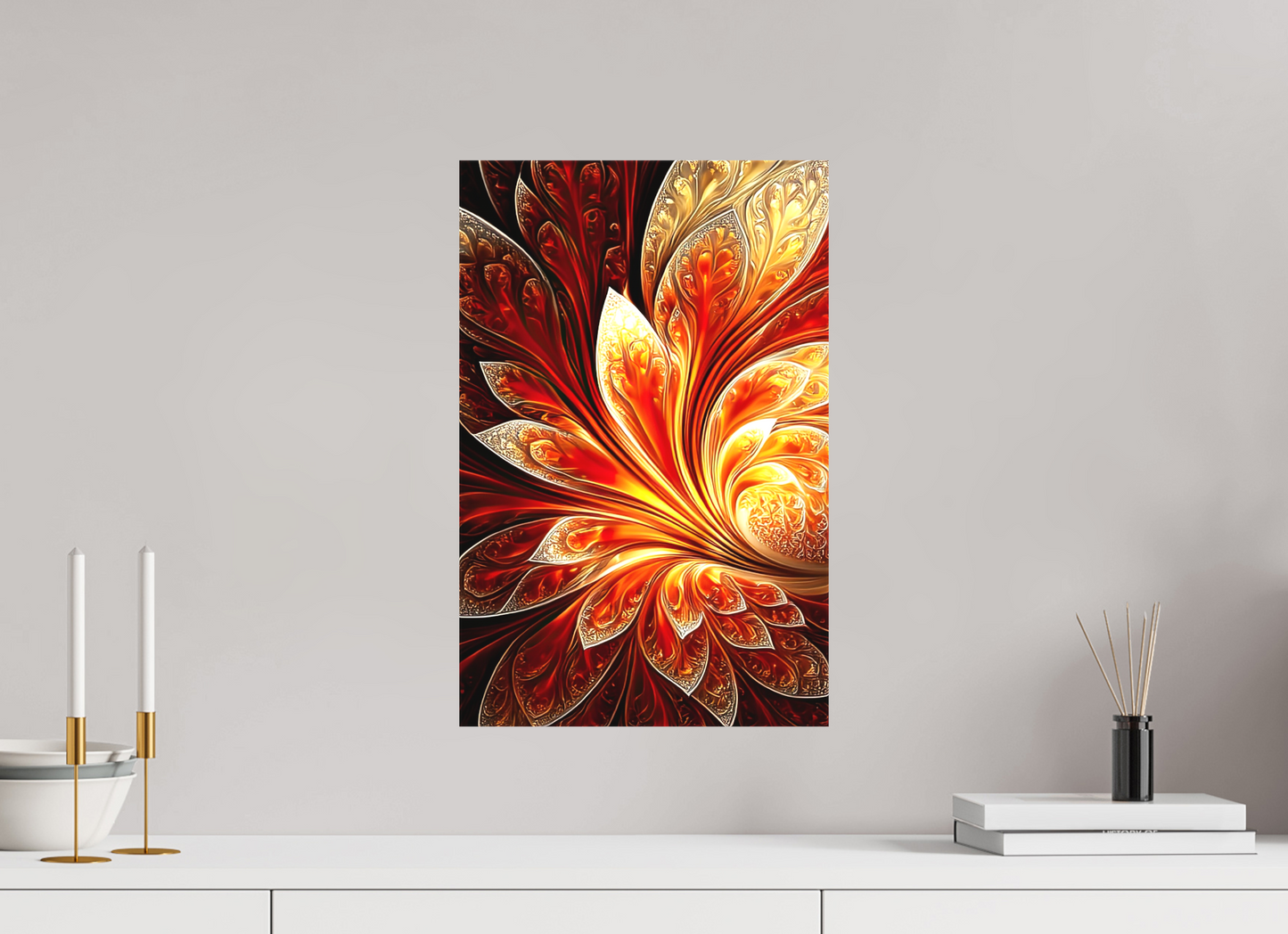 12 x 18.6″, Textile on Canvas Abstract Fire Flower