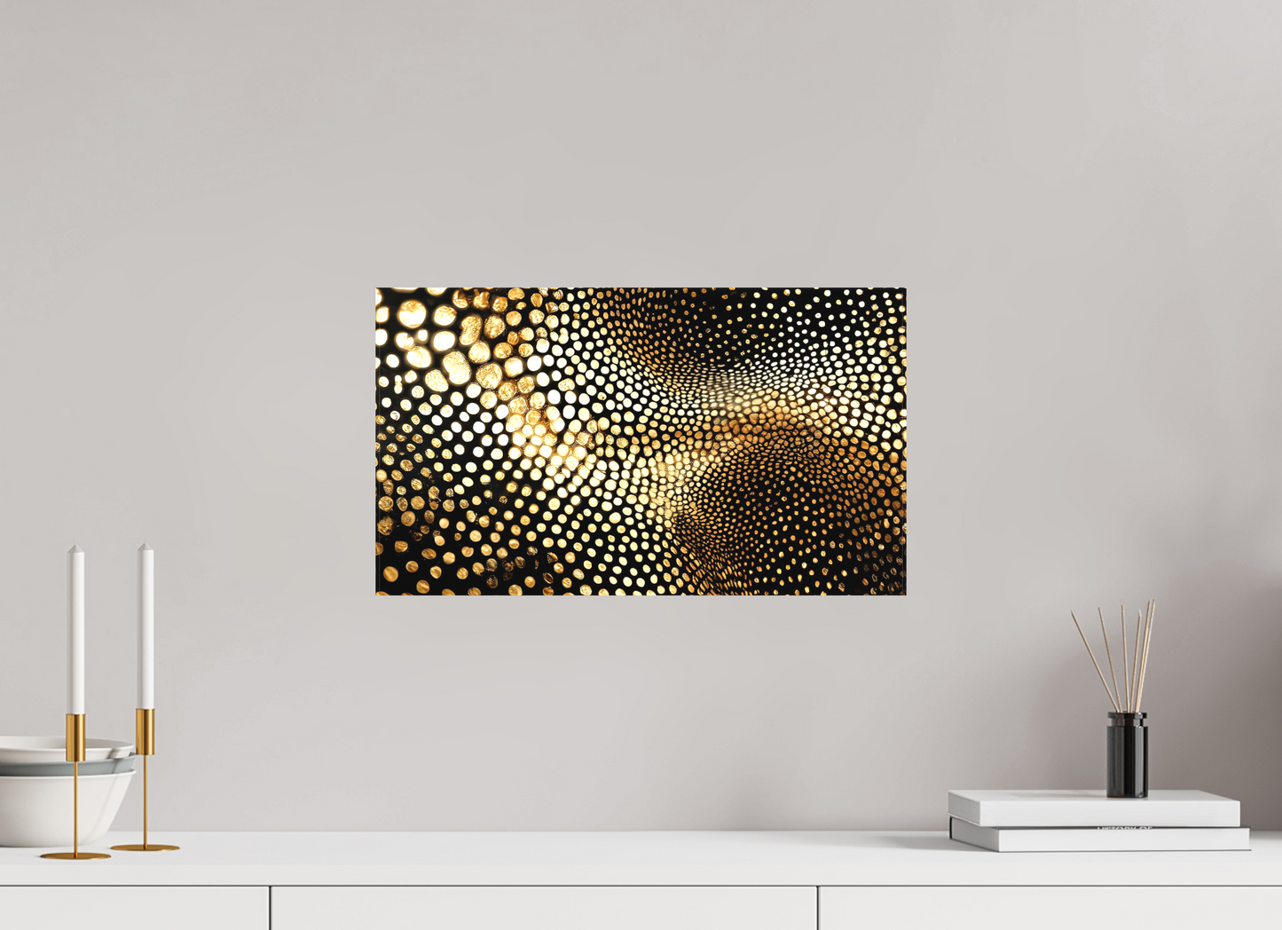17.5 x 10″, Textile on Canvas Gold Dot Wave